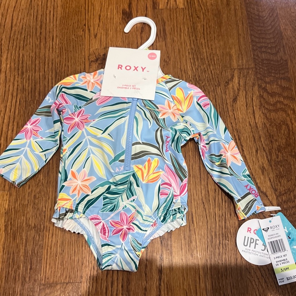 Roxy Kids Tropical Long Sleeve Rashguard - Blue and Pink size 3/6 months
